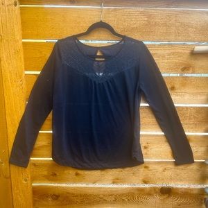 KUHL black Blouse w/ Lace detail and Keyhole back closure.